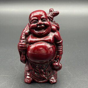 Buddha Figure Hotei Figurine Mahogany Red Resin 4" Tall Happy Luck Laugh Smile